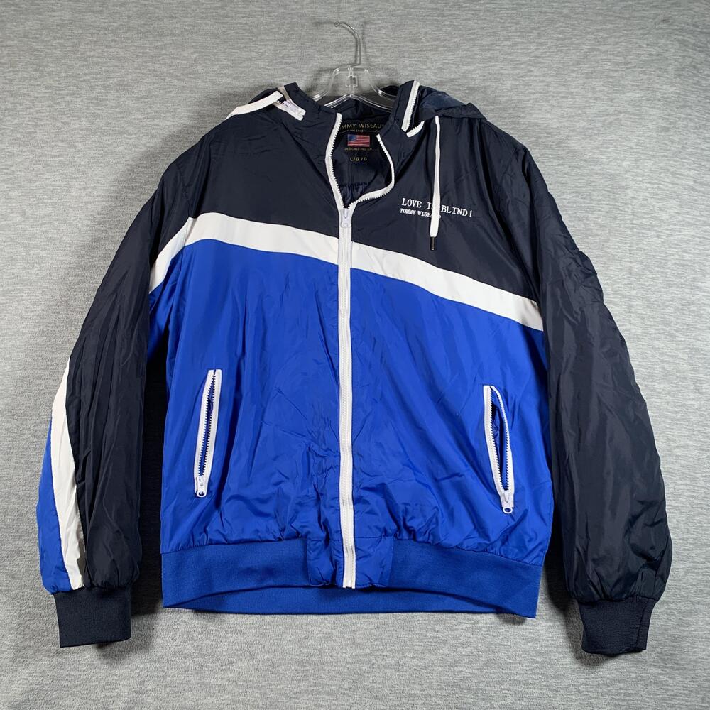 Tommy Wiseau Jacket Mens Large Blue Striped Love Is Blind Hooded Windbreaker